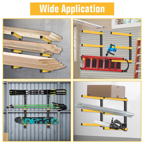 Heavy Duty Wall Mount Lumber Rack With Three Level Folding Wood Storage Organizer For Garage Or Shop showing wood, tools, and ski gear storage.
