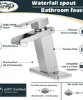 Infographic of Waterfall Style Brushed Nickel Bathroom Faucet For Sink With One Or Three Hole Setup, details and specifications shown