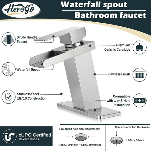 Infographic of Waterfall Style Brushed Nickel Bathroom Faucet For Sink With One Or Three Hole Setup, details and specifications shown