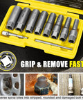 Spiral Type Deep Bolt Extractor Set Ten Pieces For Removing Damaged Stripped Frozen Or Rusted Bolts Nuts Screws Studs And Spark Plug Extraction Socket Built For Quick No Sweat Repairs displayed in yellow case