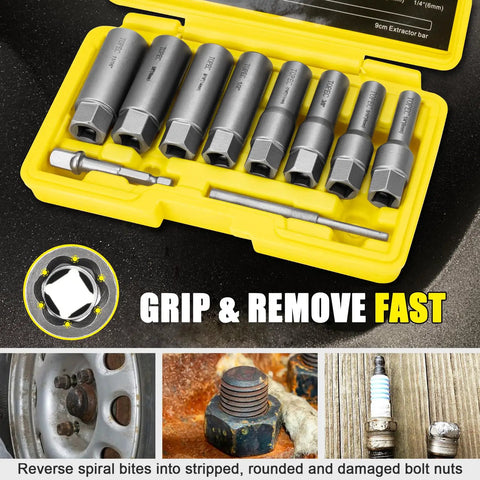 Spiral Type Deep Bolt Extractor Set Ten Pieces For Removing Damaged Stripped Frozen Or Rusted Bolts Nuts Screws Studs And Spark Plug Extraction Socket Built For Quick No Sweat Repairs displayed in yellow case