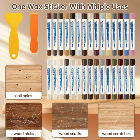 Color Matching Wood Filler Sticks Kit With 30 Assorted Wax Crayons And 2 Scrapers For Furniture Repair, example uses shown.