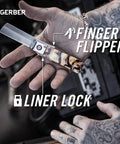 Jukebox EDC Folding Pocket Knife With Straight Edge Flipper Blade shown in hand, highlighting liner lock and tortoise shell handle.