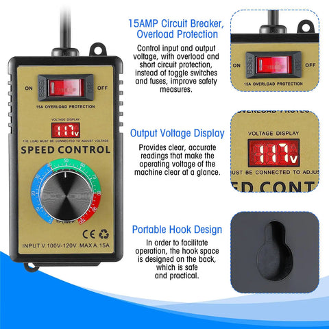 Smooth Operator Ac Motor Speed Controller With Crisp Led Display And Easy Peasy Variable Knobs For 120V Electric Motors, 15A circuit breaker and voltage display.