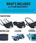 Your Go To Reusable Dust Mask With Patented Three Strap System And Activated Carbon Filters Delivers 99.8 Percent Filtration Neutralizes Odors And VOCS For Woodworking Landscaping DIY Dust And Pollen XXL Fit, package contents display