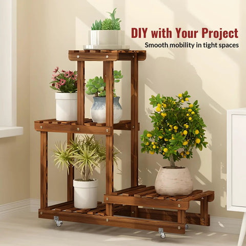 No Fuss Side Mount Casters 2 Inch L Shaped Rubber Furniture Wheels Set Of 8 With Wheel Brakes on a wooden plant stand.