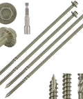Heavy Duty Hex Drive Wood Screws Eight Inches Long Structural Lag Bolts Green Corrosion Shield Coating showing heads and tips.