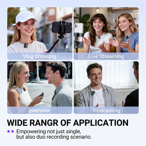 Wireless Lavalier Microphone System For iPhone Android And Cameras 2 Pack Cordless Lapel Mics used in various scenarios.