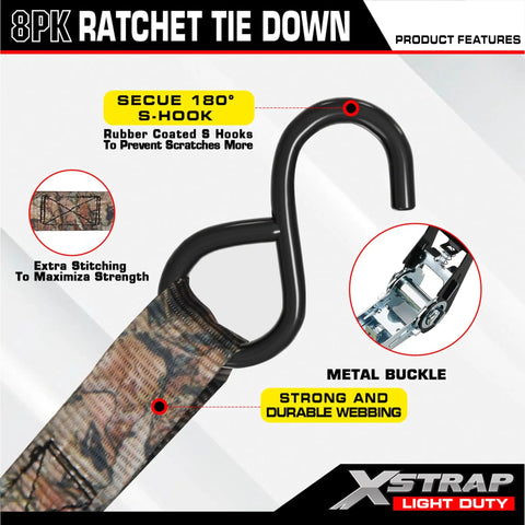 Tough As Nails Camo Ratchet Tie Down Straps Eight Pack One Inch By Ten Feet showing S-hook and durable webbing details.