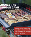 Professional Fry Griddle for Large Cookouts 3 Burner Steel Griddle With Built In Heat Diffusers loaded with breakfast items