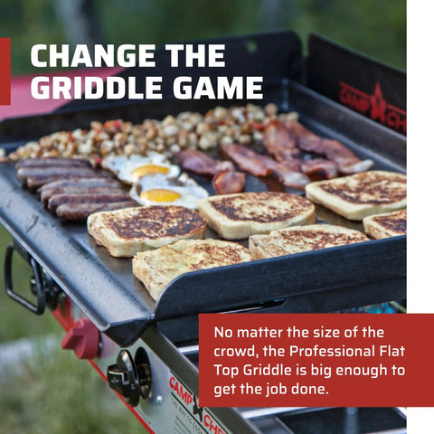 Professional Fry Griddle for Large Cookouts 3 Burner Steel Griddle With Built In Heat Diffusers loaded with breakfast items