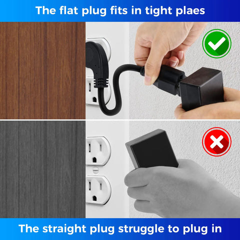 Comparing flat and straight plugs in tight spaces with Two Pack 8-Inch Power Extension Cable With 45-Degree Low Profile Flat Plug