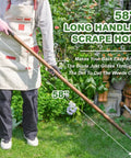 Person using 58-inch Japanese stainless steel sickle hoe for standing up weeding in a garden, no bending knees needed