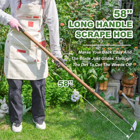 Person using 58-inch Japanese stainless steel sickle hoe for standing up weeding in a garden, no bending knees needed