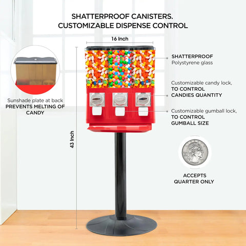 Commercial Candy Machine Dispenser Featuring Center Gumball Reel And Roomy Side Candy Bins Coin Operated Snack Stand With Foolproof Setup And Rock Solid Construction That Has Customers Totally Hooked On It