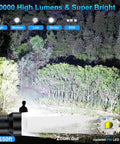 Crazy Bright 90000 Lumens Rechargeable LED Flashlight Set spotlighting forest with high powered beam in night mode