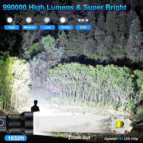Crazy Bright 90000 Lumens Rechargeable LED Flashlight Set spotlighting forest with high powered beam in night mode