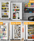 Heavy Duty 75 Inch Metal Garage Storage Cabinet On Wheels With Two Doors And Five Adjustable Shelves For Home Office Workshop And Warehouse White Easy Assembly shown in different rooms