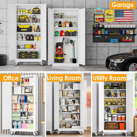 Heavy Duty 75 Inch Metal Garage Storage Cabinet On Wheels With Two Doors And Five Adjustable Shelves For Home Office Workshop And Warehouse White Easy Assembly shown in different rooms