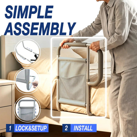 Go-To Senior Bed Rail System With Non Slip Ergonomic Handle And Storage Pocket installation demonstration