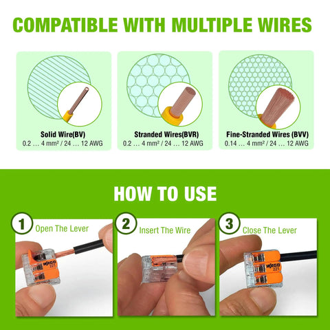 Instructions for using 221 Series Compact Splicing Wire Connectors Kit, 80 Pieces Including 40 221-412, 25 221-413, 15 221-415