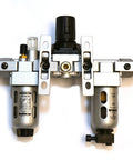 Front view of Dope Modular FRL Trio Air Filter Regulator Lubricator System With Polycarbonate Bowl One Quarter Inch NPT Threads Up To 18 CFM