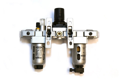 Front view of Dope Modular FRL Trio Air Filter Regulator Lubricator System With Polycarbonate Bowl One Quarter Inch NPT Threads Up To 18 CFM