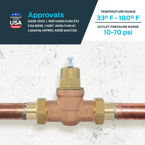 Cash Acme EB45 pressure regulating valve, bronze body with copper pipe, 1-inch sweat connections, metal top.