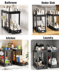 Heavy Duty Pull Out Under Sink Organizer Drawers Set Of Two Black Gliding Kitchen Cabinet Storage Carts in bathroom and kitchen settings.