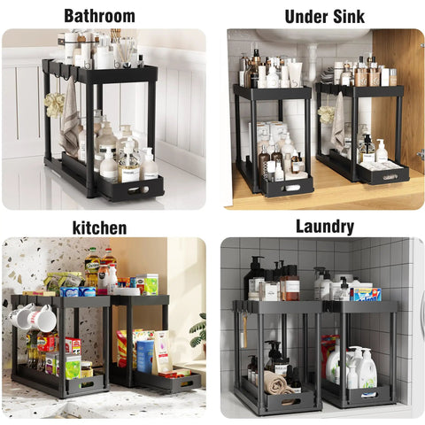 Heavy Duty Pull Out Under Sink Organizer Drawers Set Of Two Black Gliding Kitchen Cabinet Storage Carts in bathroom and kitchen settings.