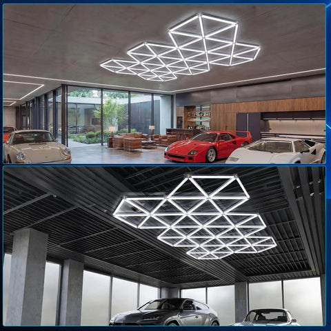 Hexagon Garage Lighting System Bundle For Full Coverage Pro Grade LED Ceiling Lights installed in a modern garage.