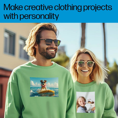 Couple wearing shirts with Light Fabric Iron On Transfers 8.5 By 11 Inches Pack Of 20 Sheets For DIY T Shirts And Sports Gear