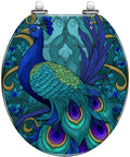 Round Toilet Seat Replacement for Bathroom with peacock design, 16.5 inches long and 14.5 inches wide, vibrant colors.