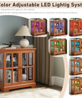 32 Inch LED Accent Curio Cabinet With Seven Color Lights For Collectibles, showing color variations, dark oak, in living room