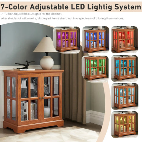 32 Inch LED Accent Curio Cabinet With Seven Color Lights For Collectibles, showing color variations, dark oak, in living room
