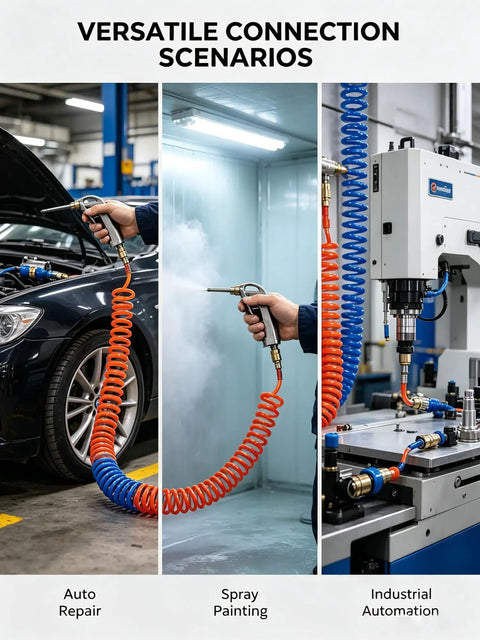 Premium Heavy Duty Shop Grade Self Retracting PU Coiled Air Hose For Air Compressors in auto repair, spray painting, industrial automation.