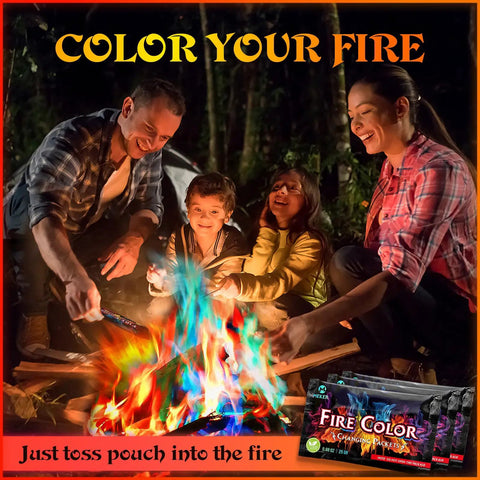 Family around a campfire using Color Changing Fire Packets For Fire Pit Bonfire And Camping Fun Indoor And Outdoor Flames Safe Self Contained Packets For Kids And Adults 12 Pack Great For Parties And Backyard Gatherings Lit Nights.