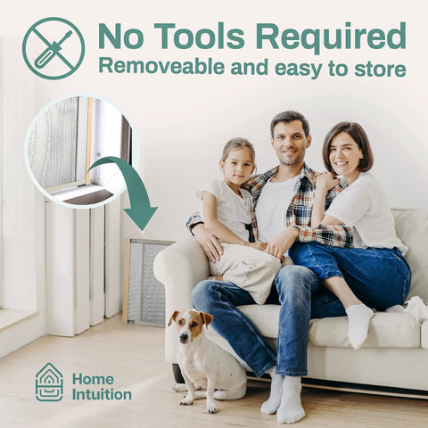 Family sitting on sofa with dog, emphasizing adjustable horizontal window screen two pack fits 25 to 45 inches wide and 18 inches high with galvanized rails varnished wood ends bright mesh for fresh air and easy install.