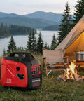 2500 Watt Portable Inverter Generator With 79.8cc OHV Engine next to a tent in a camping setting with a fire pit