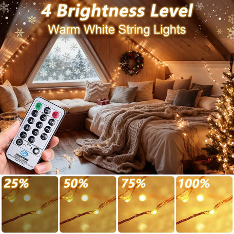 Lit 165Ft Ultra Long Copper Wire String Lights with 500 LEDs displayed in a cozy bedroom setup with remote control showing 4 brightness levels.