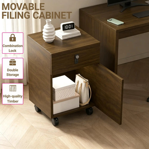Legit Quality Rolling File Cabinet With Secure Combo Lock For No Sweat Office Organization Sweet Dark Walnut Wood Finish, double storage.