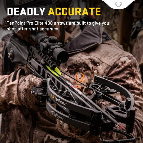Person aiming crossbow with Pro Elite 400 Carbon Crossbow Arrows 20 Inch Pack Of 6 With Alpha Nock HP And HP Aluminum Bushing