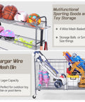 Heavy Duty Ball Organizer For Garage And Home Gym With Baseball Bat Holder And 3 Hooks 2 Large Bins And 4 Mesh Baskets