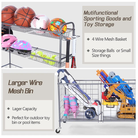 Heavy Duty Ball Organizer For Garage And Home Gym With Baseball Bat Holder And 3 Hooks 2 Large Bins And 4 Mesh Baskets