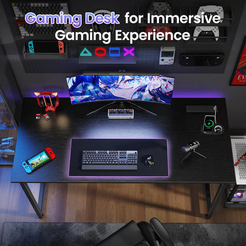 Top view of 47 By 20 Inch Office Desk With Built In Power Outlets And USB C Port For Home Office And Gaming Metal Frame In Black Finish