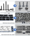140 Piece Black Wafer Head Wood Screws And Deck Screw Assortment Kit comparison image of assorted screws and organizer types.