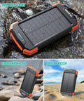 10,000mAh Solar Power Bank With Wireless Charging And 20W USB C Fast Charge, shown as waterproof, shockproof, and dustproof