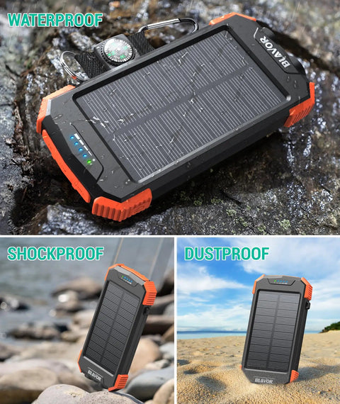 10,000mAh Solar Power Bank With Wireless Charging And 20W USB C Fast Charge, shown as waterproof, shockproof, and dustproof