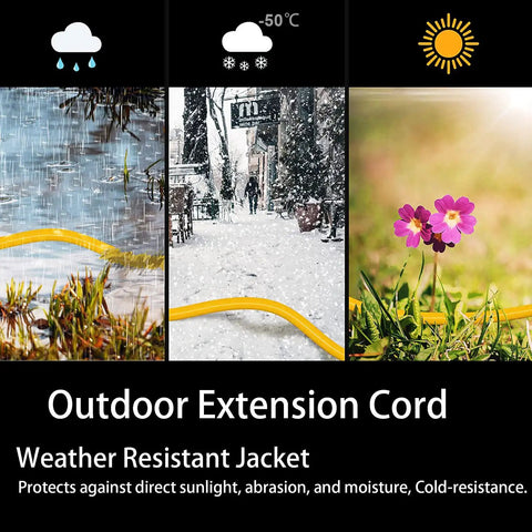 Heavy Duty Outdoor Extension Cord 200 Ft 12 Gauge 3 Wire Waterproof SJTW With Lighted End shown in various weather conditions