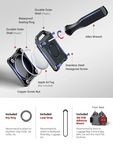 AirTag Holder Case with Key Ring and 3M Mount exploded view showing components and assembly.